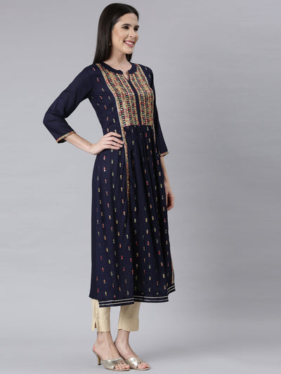 Neerus Navy Blue Curved Casual Ethnic Motifs Maxi Dresses