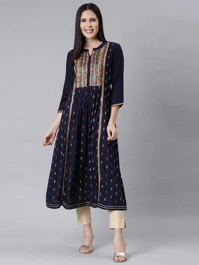 Neerus Navy Blue Curved Casual Ethnic Motifs Maxi Dresses