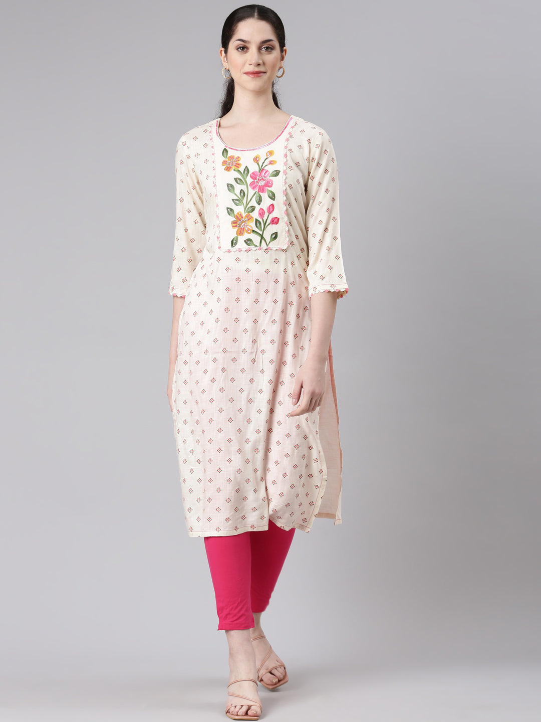 Neerus Cream Straight Casual Floral Panelled Kurtas