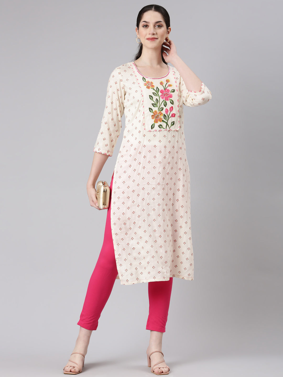 Neerus Cream Straight Casual Floral Panelled Kurtas