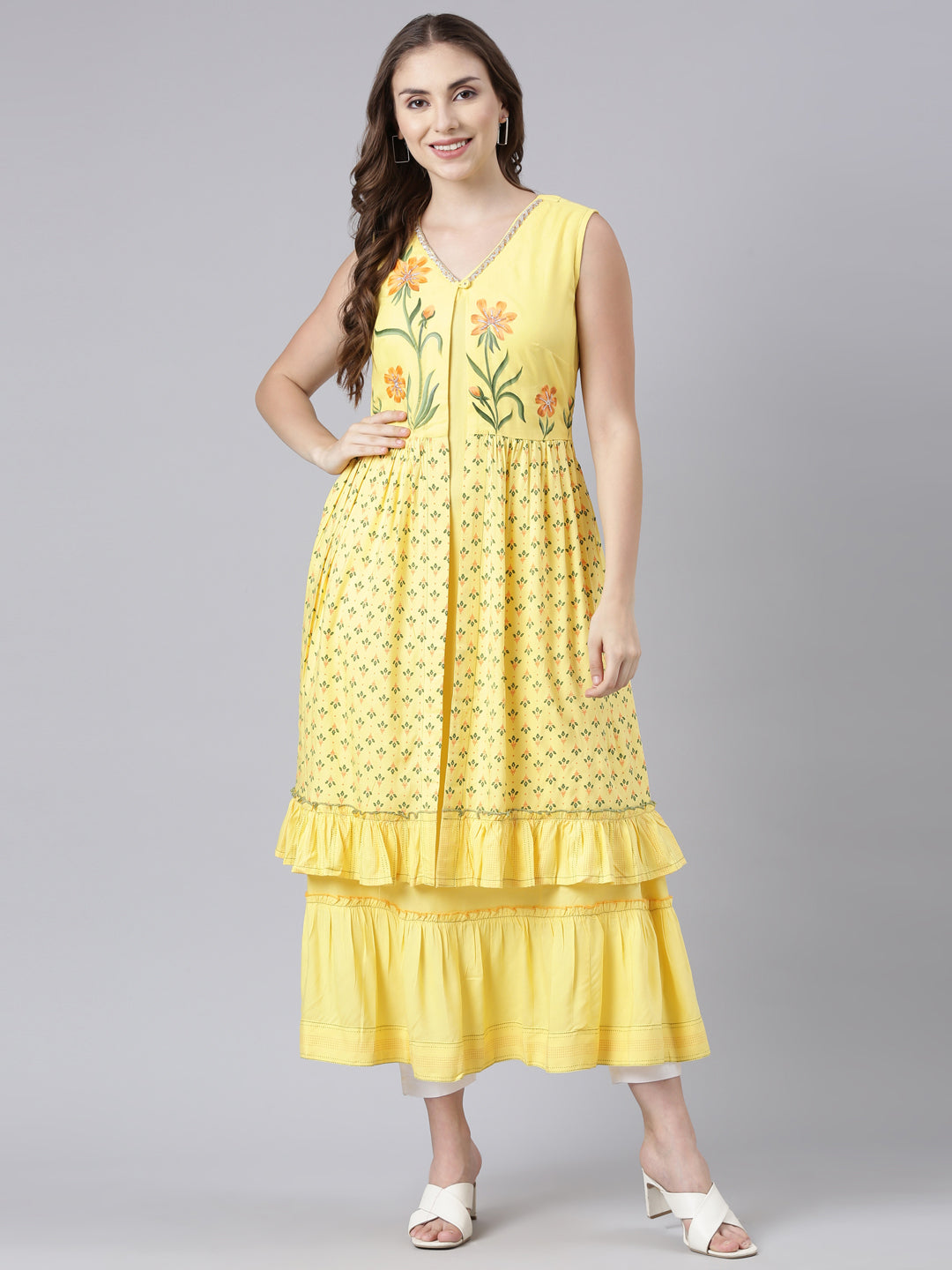 Neerus Yellow Flared Casual Solid Maxi Dresses