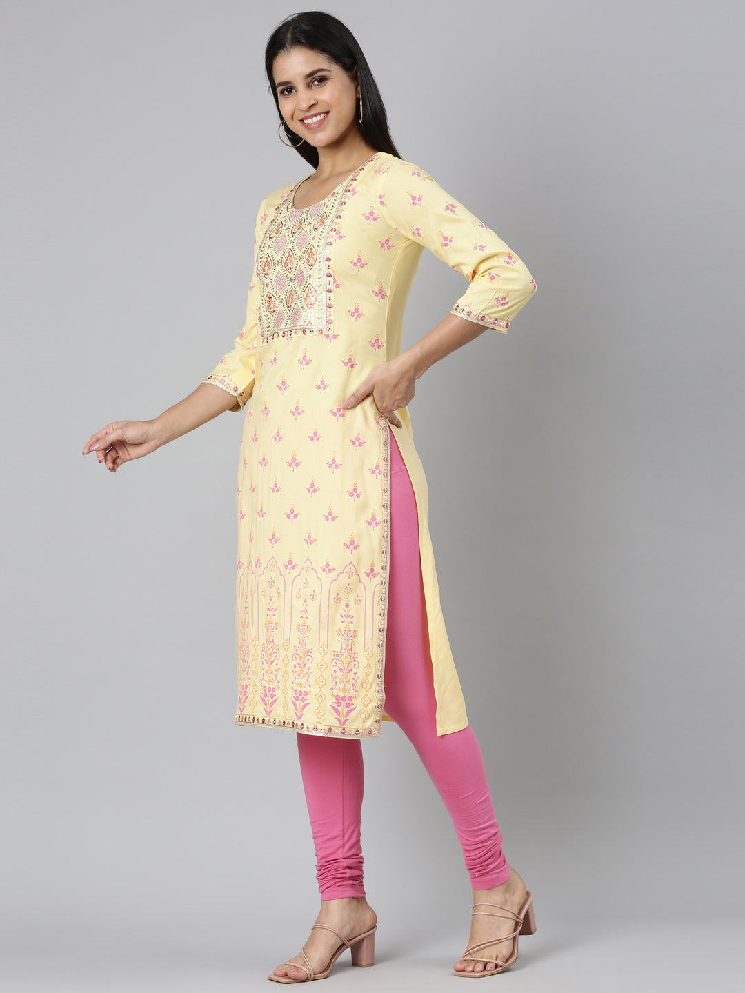 Neerus Yellow Straight Casual Floral Straight Kurtas