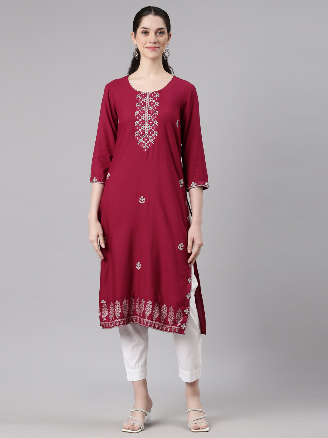 Neerus Red Straight Casual Floral Kurtas