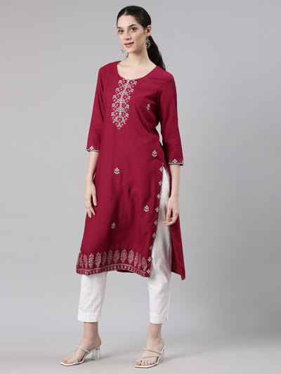 Neerus Red Straight Casual Floral Kurtas