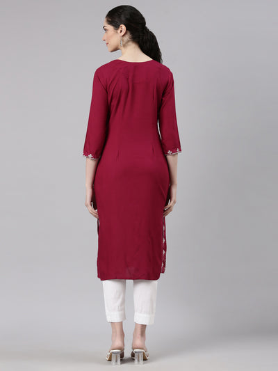 Neerus Red Straight Casual Floral Kurtas