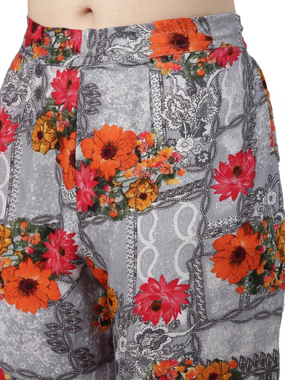 Neeru's Gray Color Muslin Fabric Solid Kurta Floral Trouser