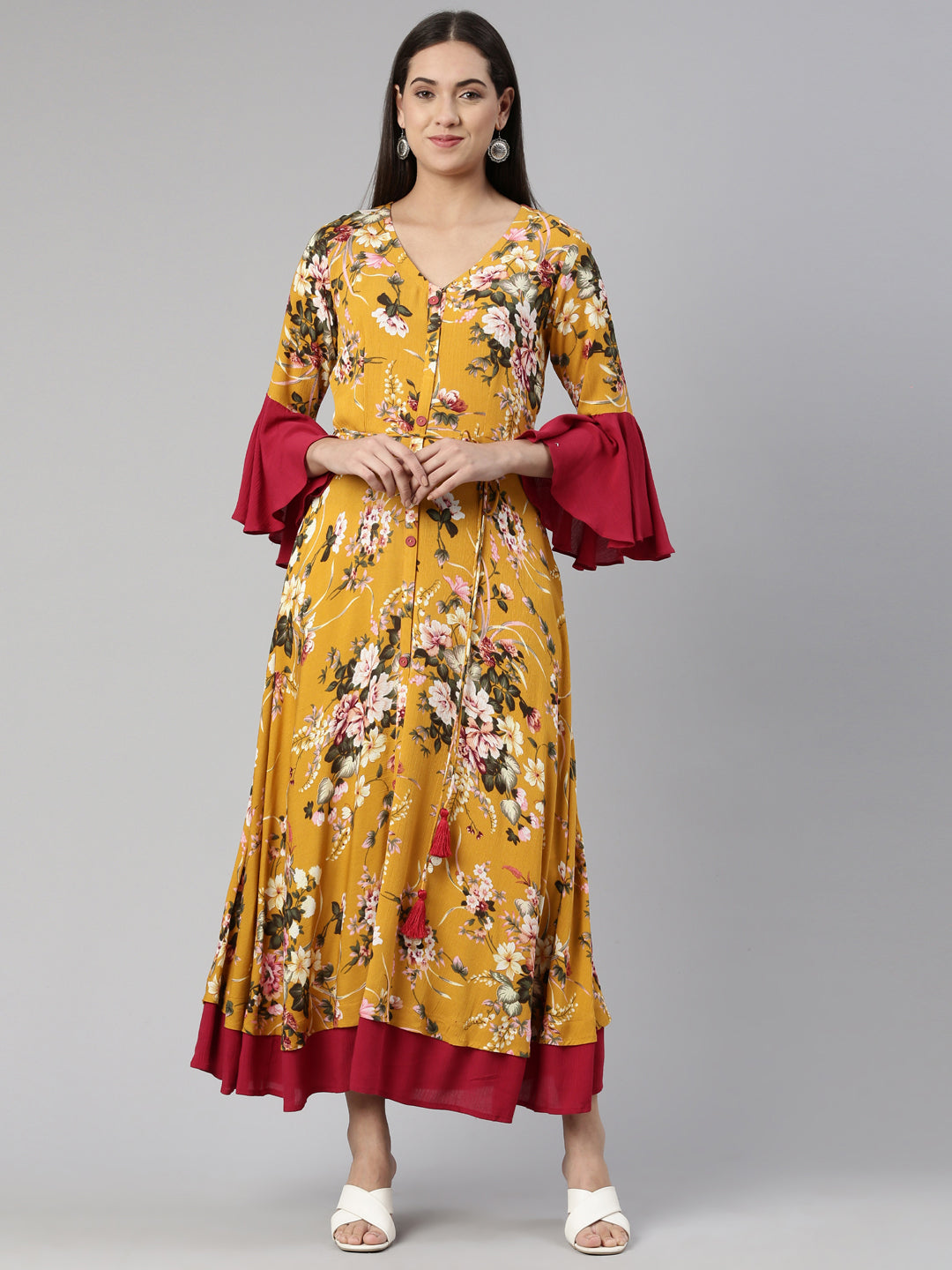 Neeru's Floral Ethnic Bell Sleeves Maxi Dress