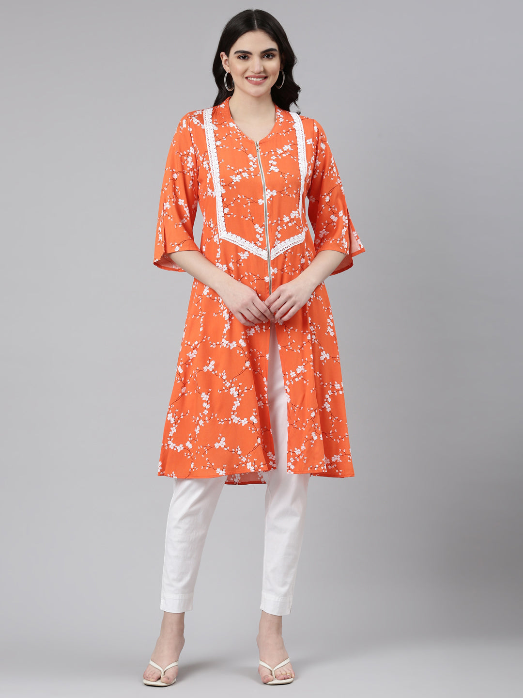 Neeru's Orange Regular Straight Solid Kurta