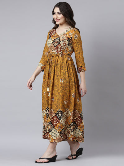 Neerus Mustard Straight Casual Floral Maxi Dresses