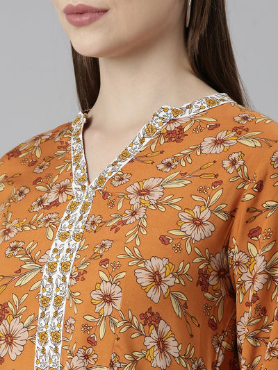 Neeru's Rust Straight Casual Floral Dresses