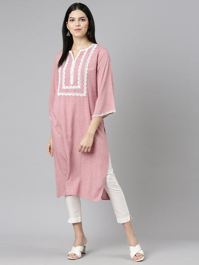 Neeru's Pink Pleated Straight Printed Kurtas