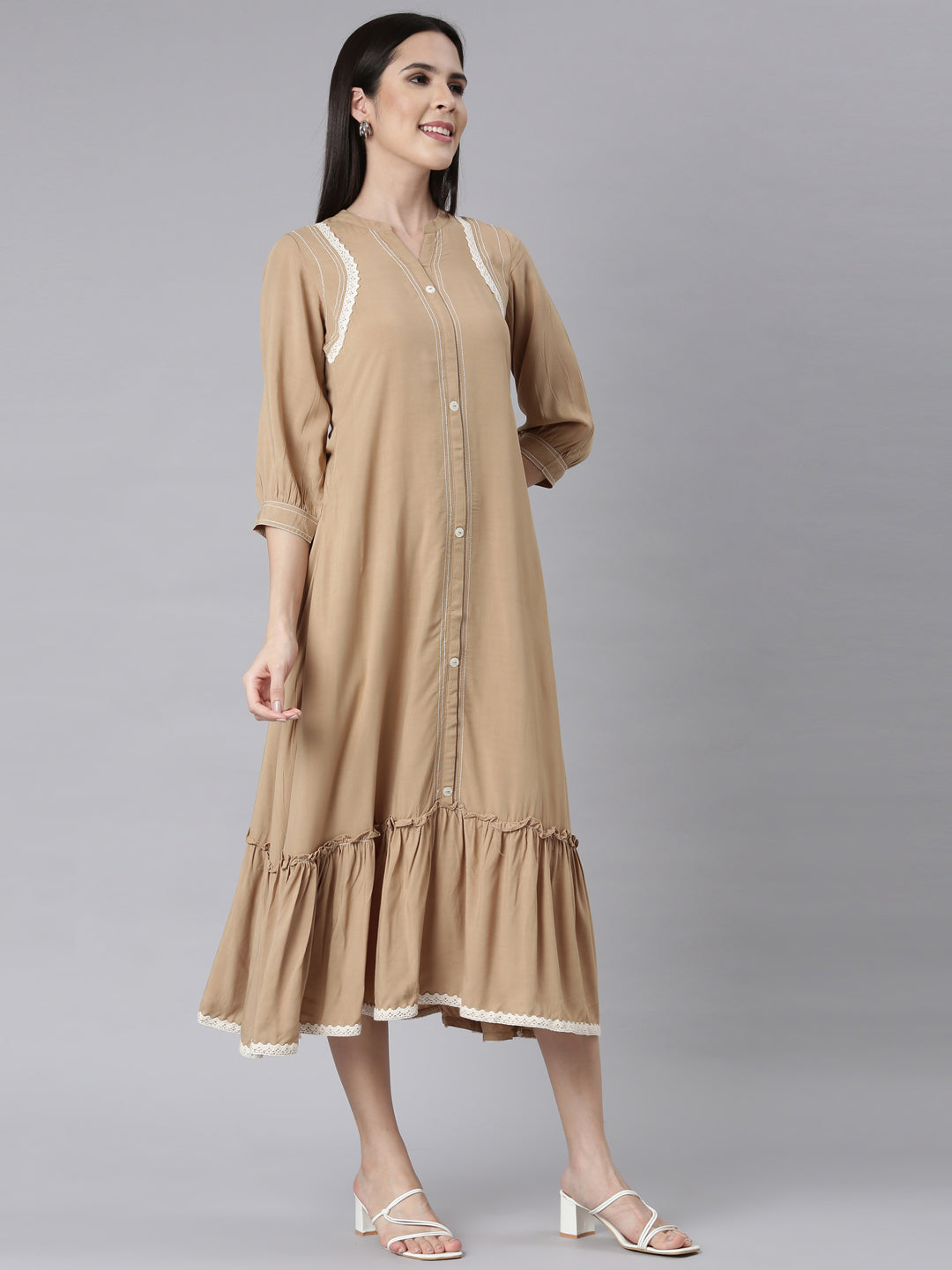 Neerus Beige Curved Casual Solid Maxi Dresses