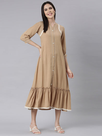 Neerus Beige Curved Casual Solid Maxi Dresses