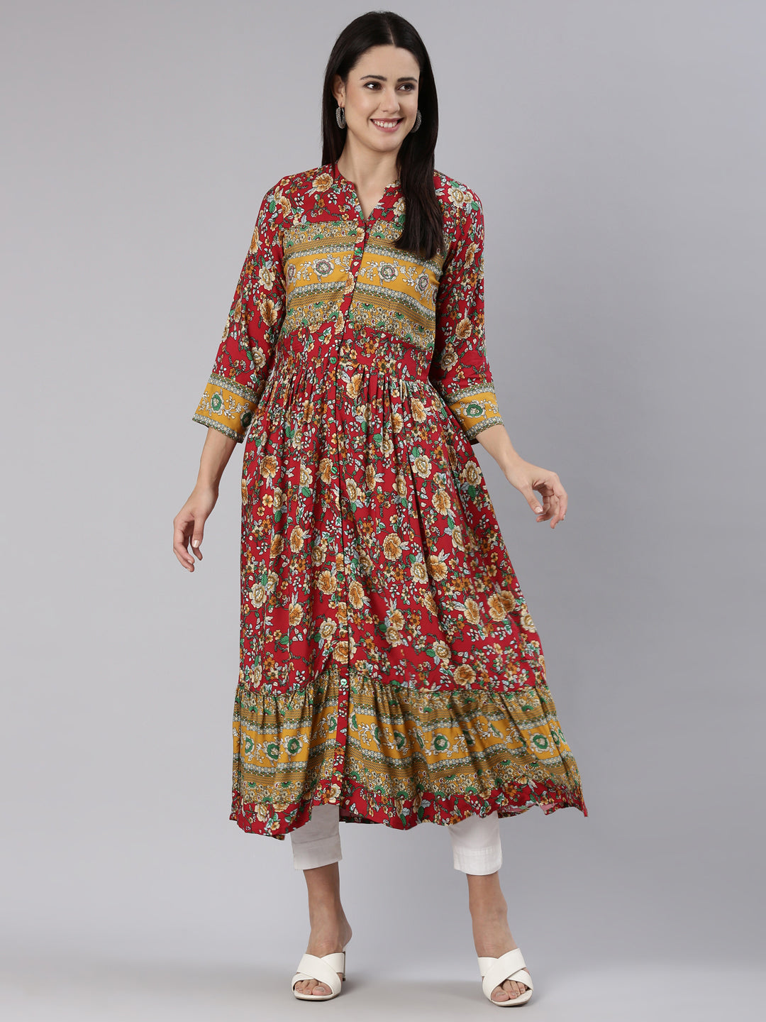 Neeru's Red Straight Casual Floral Dress