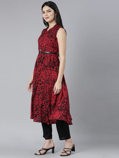 Neerus Red Straight Casual Animal Maxi Dresses