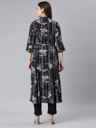 Neerus Black Panelled Straight Floral Kurta And Trousers