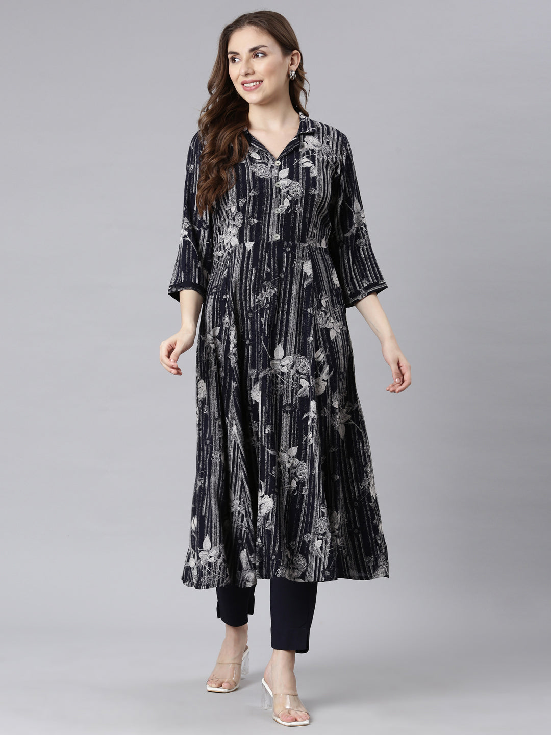 Neerus Black Panelled Straight Floral Kurta And Trousers