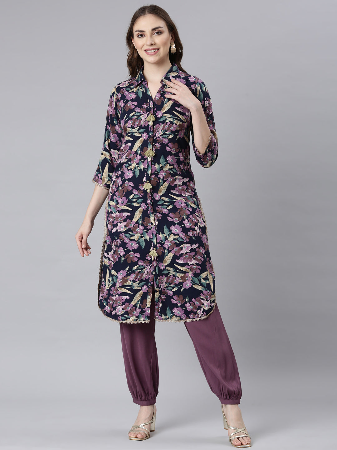 Neerus Printed Panelled Straight Floral Kurta And Trousers