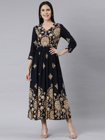 Neerus Navy Blue Curved Casual Floral Maxi Dresses