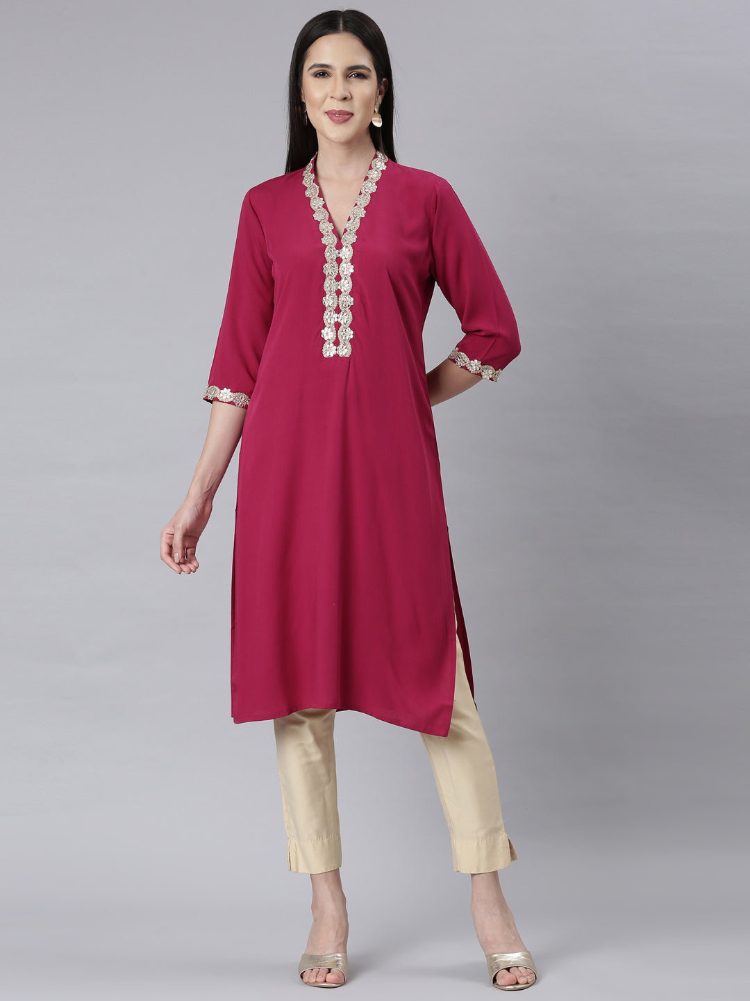 Neerus Magenta Panelled Straight Embellished Kurtas