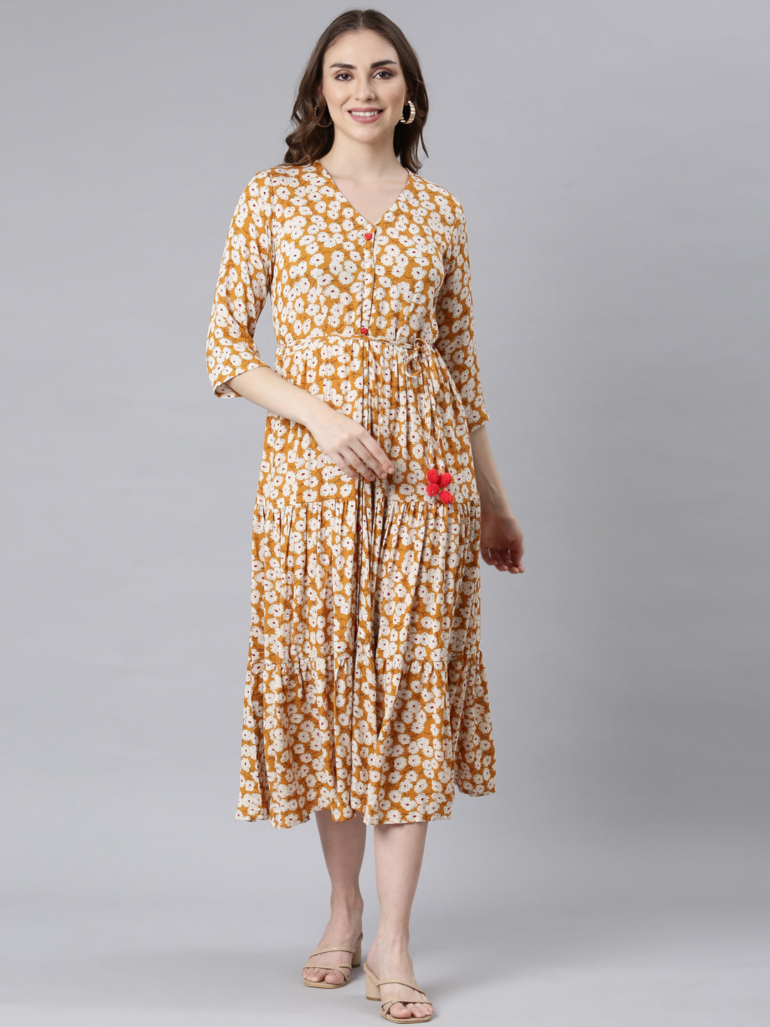 Neerus Mustard Curved Casual Floral Maxi Dresses