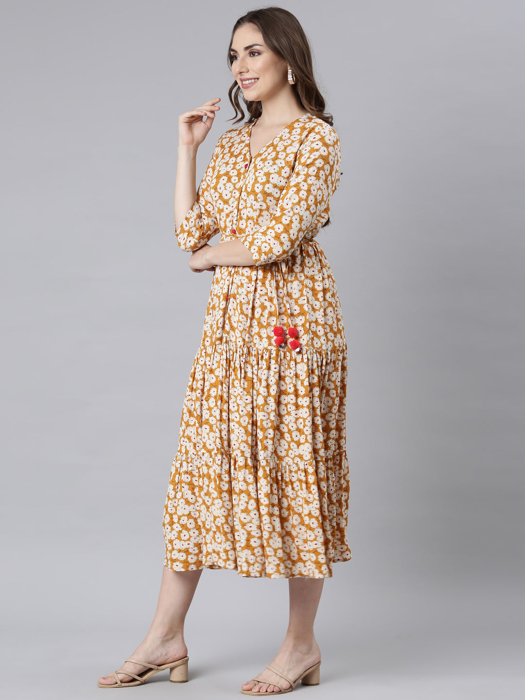 Neerus Mustard Curved Casual Floral Maxi Dresses