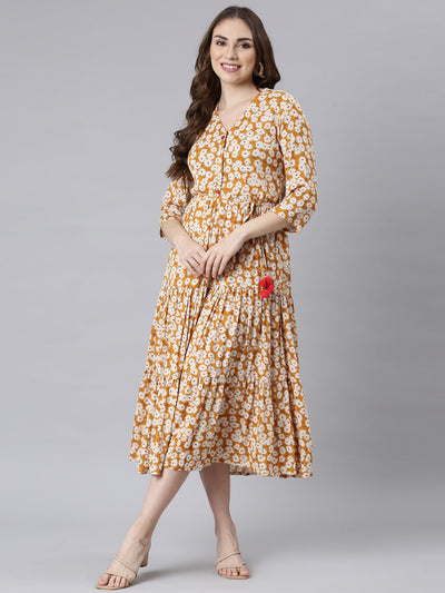 Neerus Mustard Curved Casual Floral Maxi Dresses