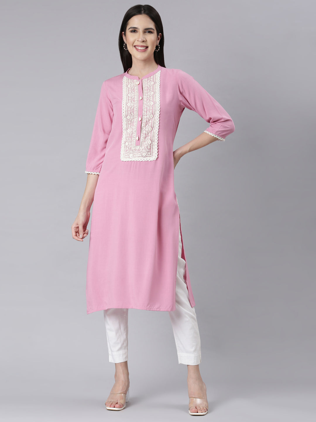 Neerus Baby Pink Panelled Straight Embellished Kurtas