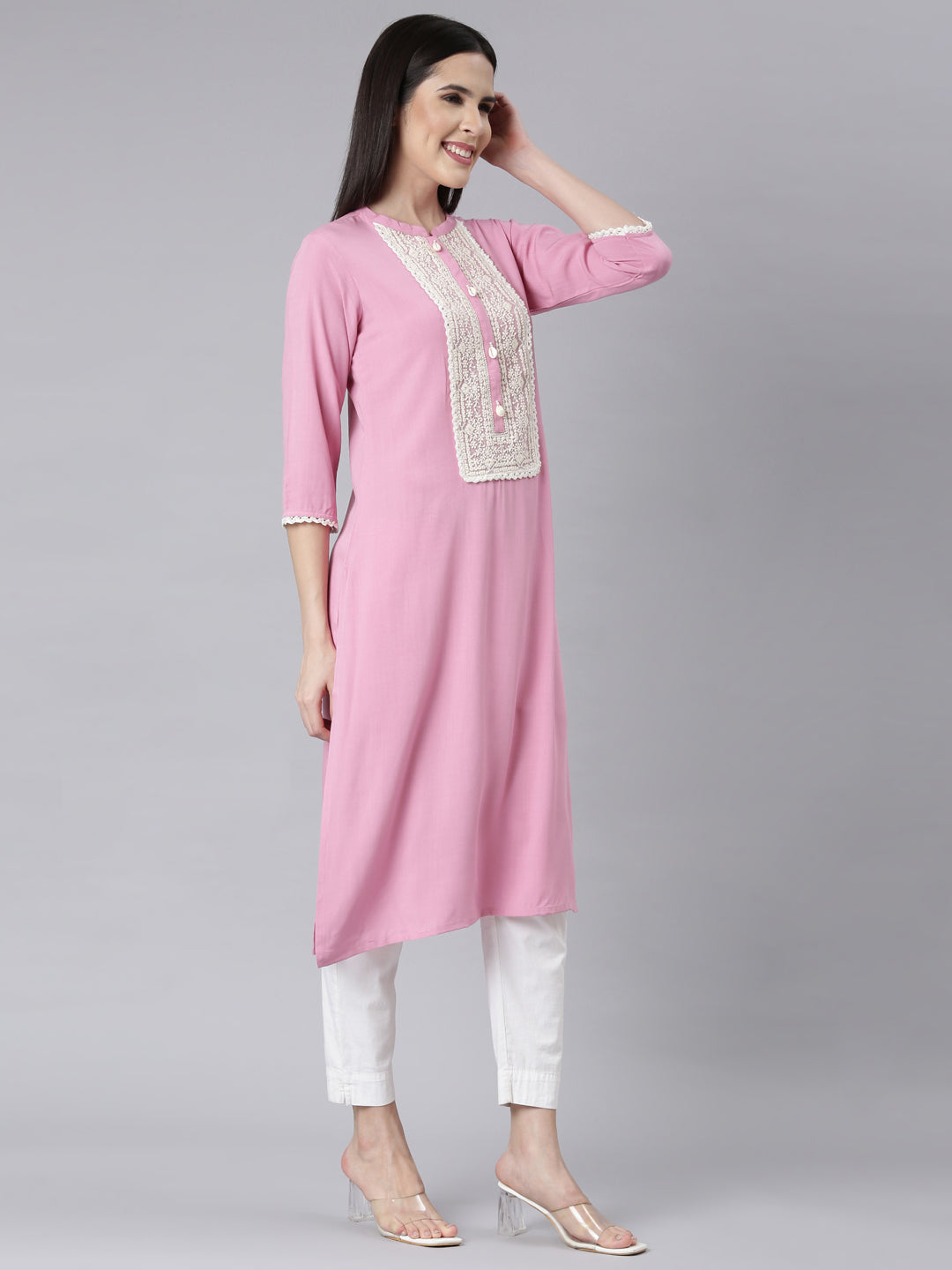 Neerus Baby Pink Panelled Straight Embellished Kurtas