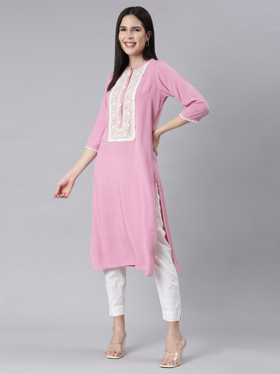 Neerus Baby Pink Panelled Straight Embellished Kurtas