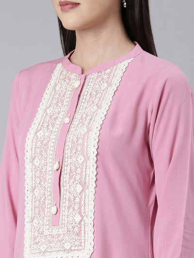 Neerus Baby Pink Panelled Straight Embellished Kurtas