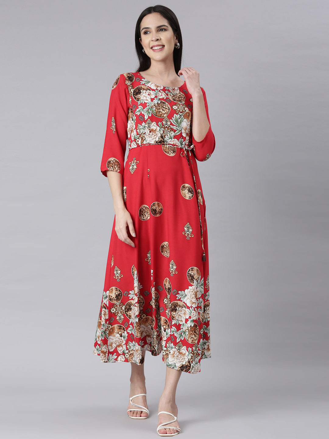 Neerus Red Curved Casual Floral Maxi Dresses