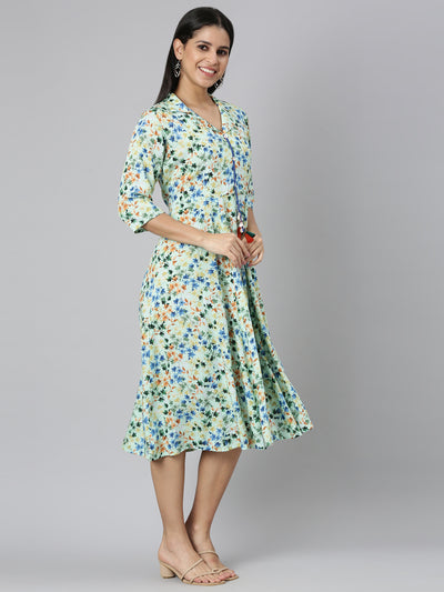 Neerus Green Flared Casual Floral Fit and Flare Dresses