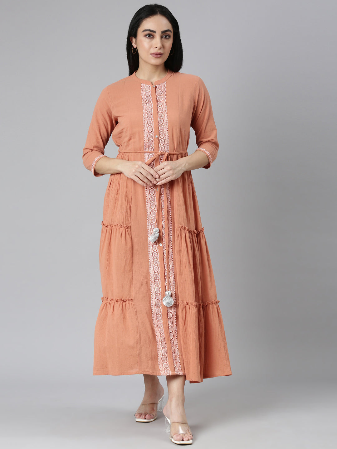 Neerus Orange Flared Casual Solid Maxi Dresses