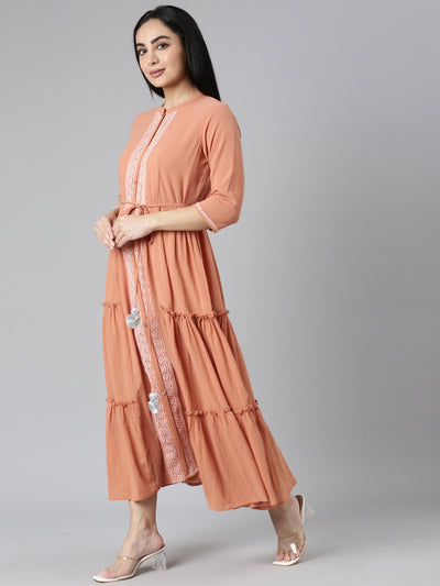 Neerus Orange Flared Casual Solid Maxi Dresses