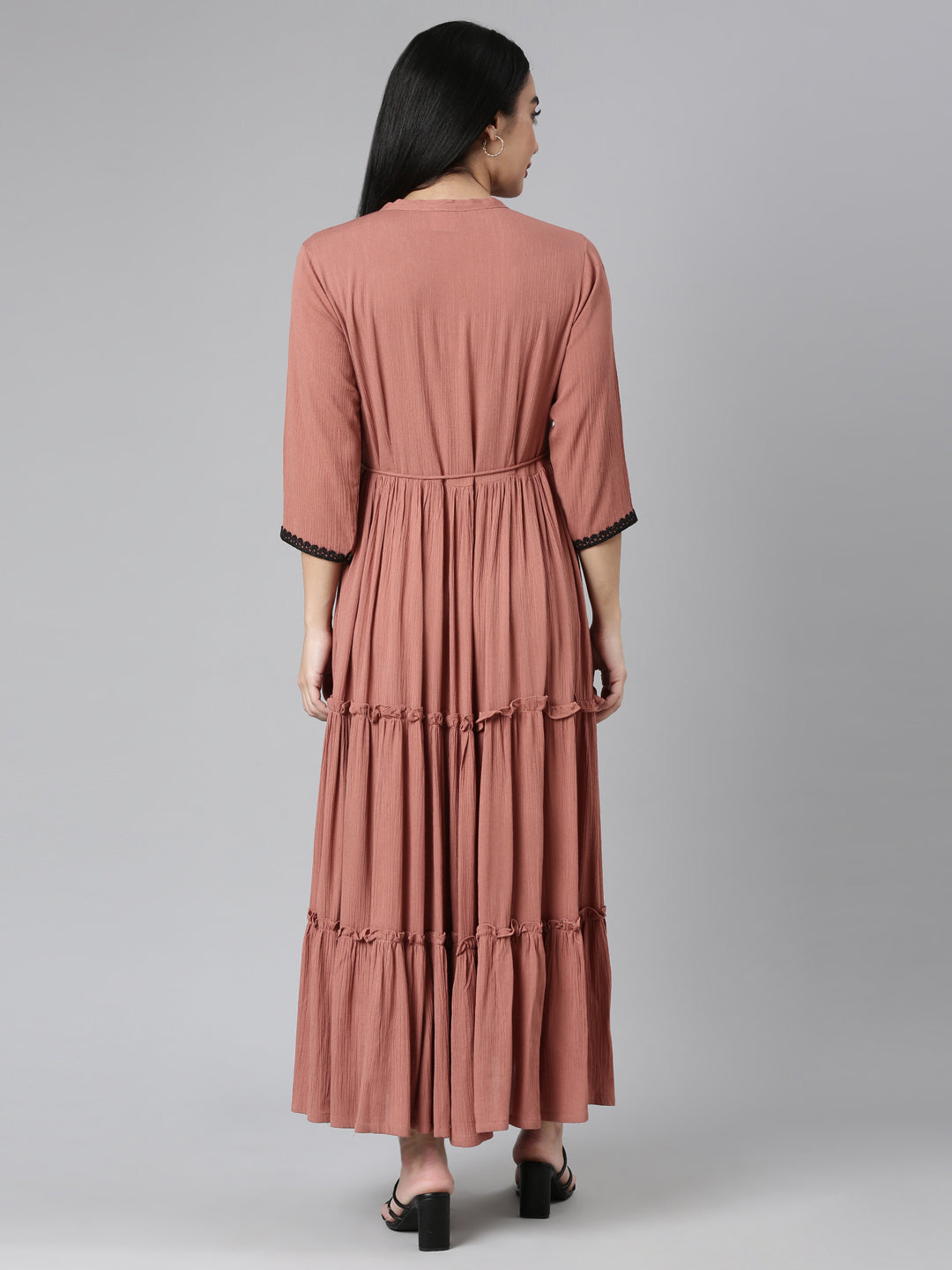 Neerus Brown Flared Casual Solid Maxi Dresses