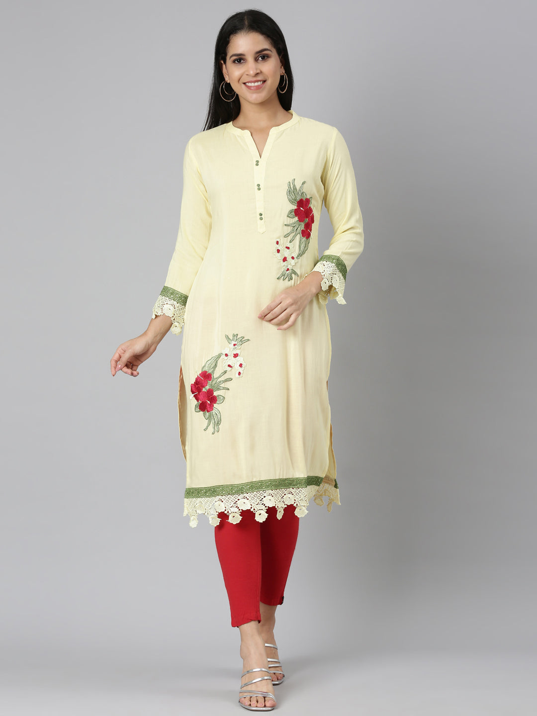 Neerus Yellow Straight Casual Floral Straight Kurtas