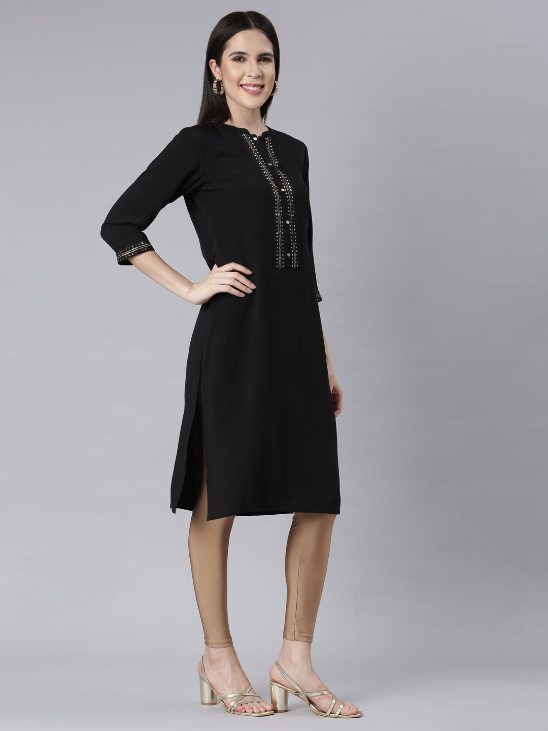 Neerus Black Panelled Straight Embellished Kurtas