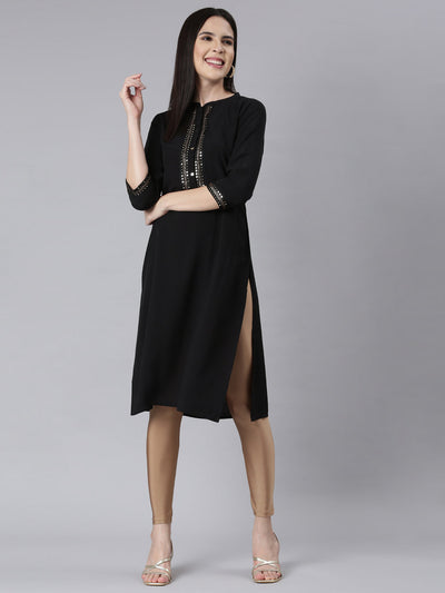 Neerus Black Panelled Straight Embellished Kurtas