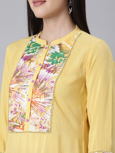 Neerus Yellow Panelled Straight Embellished Kurtas