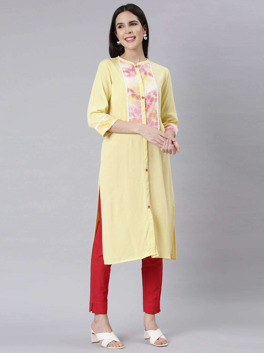 Neerus Lemon Panelled Straight Floral Kurtas