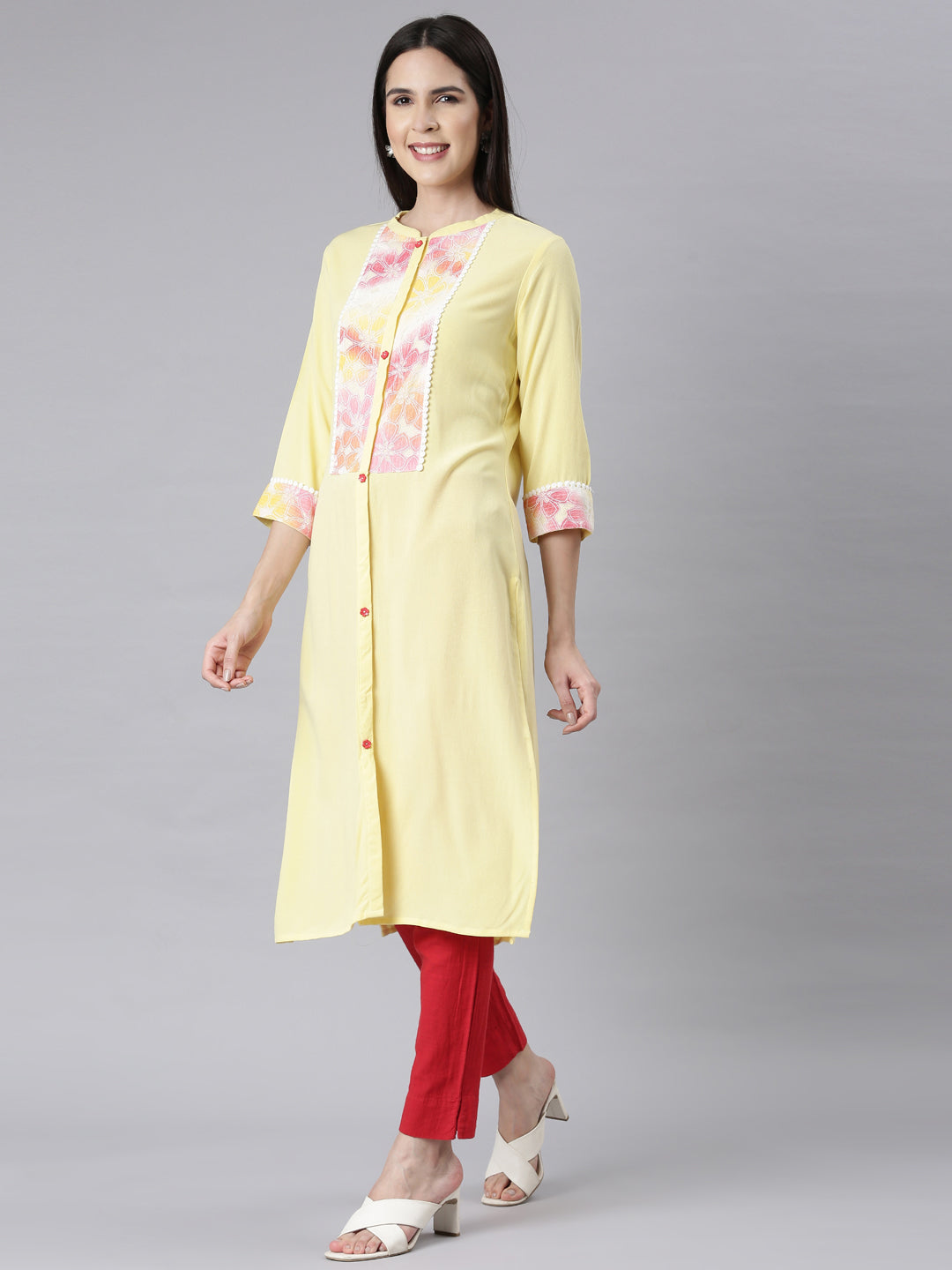 Neerus Lemon Panelled Straight Floral Kurtas