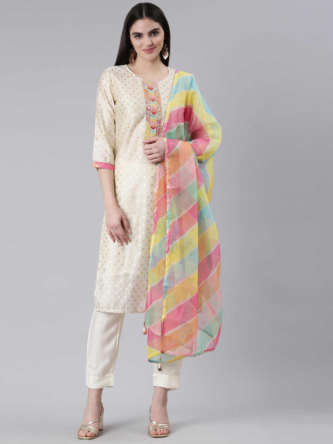 Neeru's Cream Regular Straight Printed Readymade suits