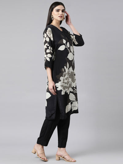 Neerus Black Regular Straight Floral Kurta And Trousers With Dupatta