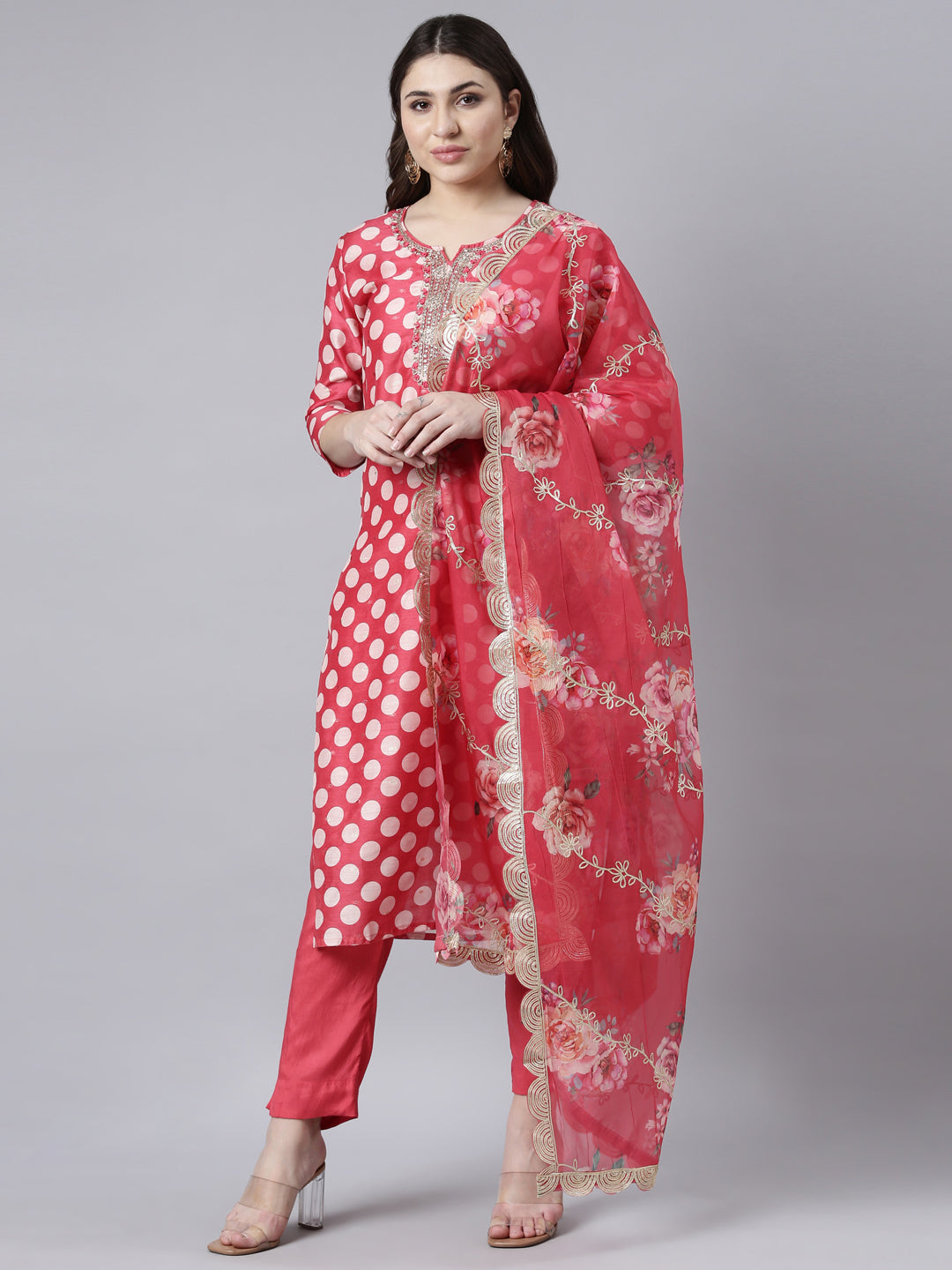 Neerus Orange Regular Straight Bandhani Kurta And Trousers With Dupatta