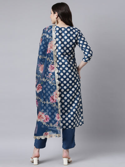 Neerus Blue Regular Straight Bandhani Kurta And Trousers With Dupatta