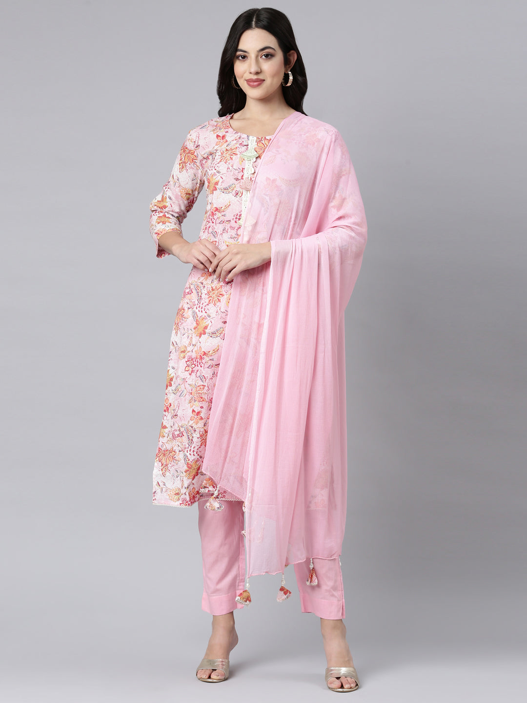 Neerus Pink Regular Straight Floral Kurta And Trousers With Dupatta