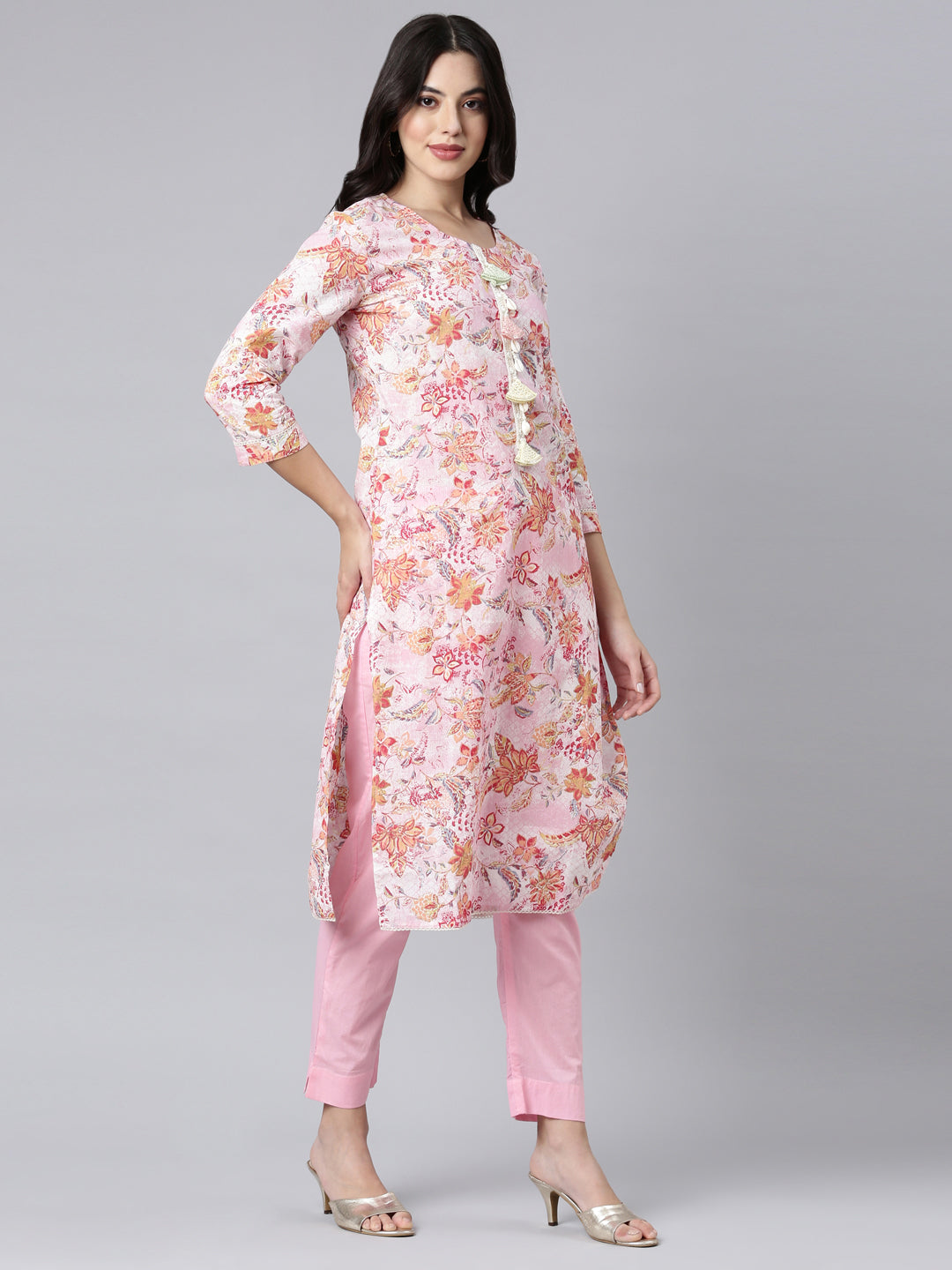 Neerus Pink Regular Straight Floral Kurta And Trousers With Dupatta