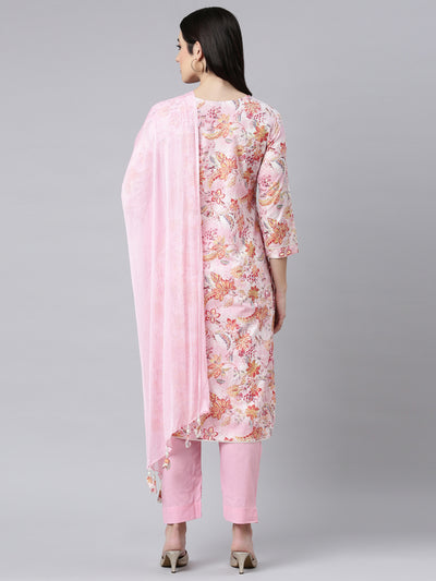 Neerus Pink Regular Straight Floral Kurta And Trousers With Dupatta