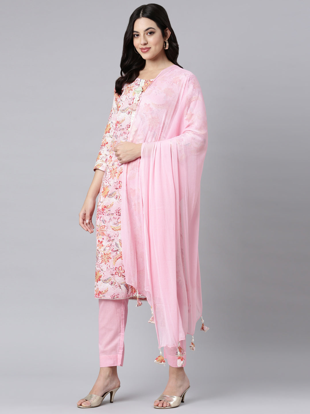 Neerus Pink Regular Straight Floral Kurta And Trousers With Dupatta